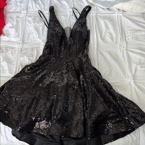 B Darlin Black Sequin Plunge Neck Prom Dress